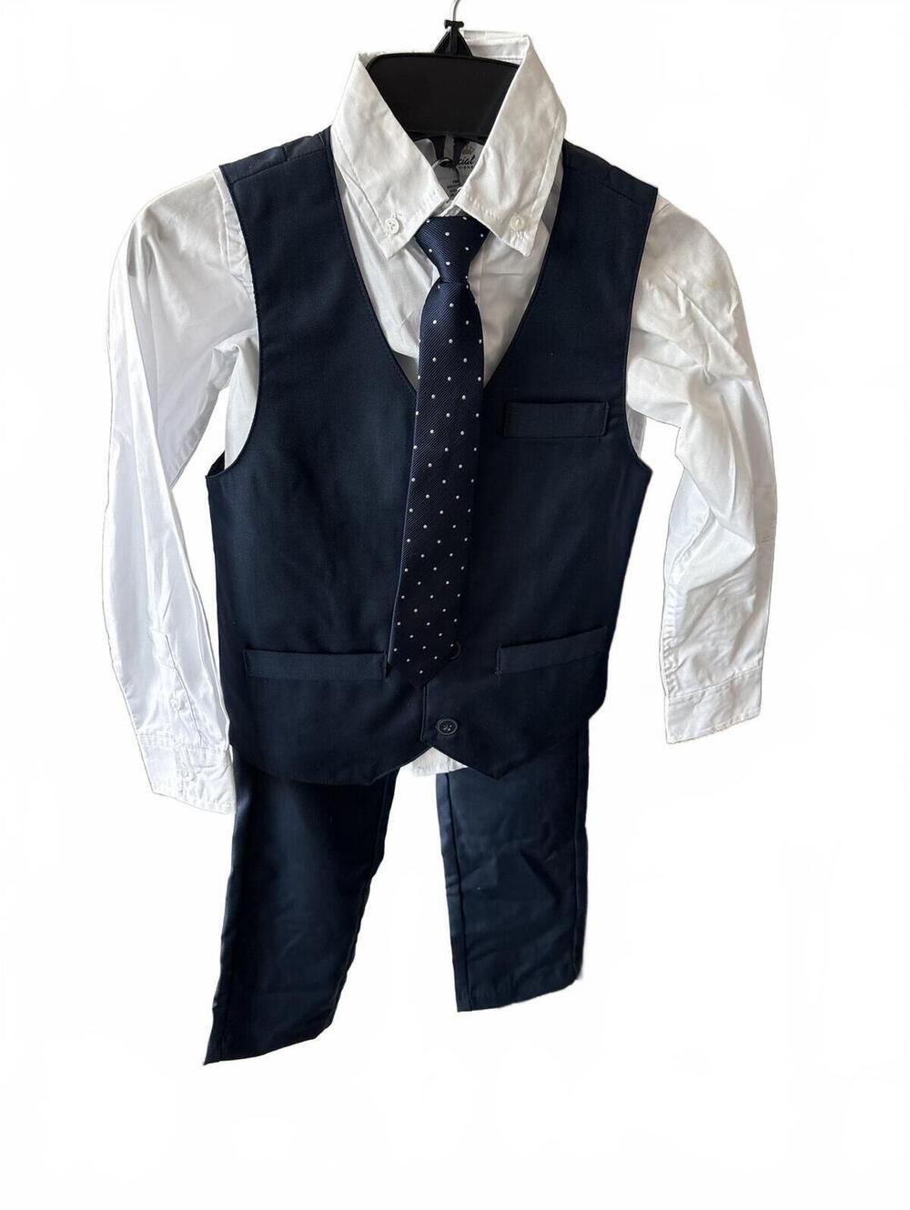 Special Editions Boys Navy Suit Set White Shirt Polka Dot Tie Size 5 boys Kids
